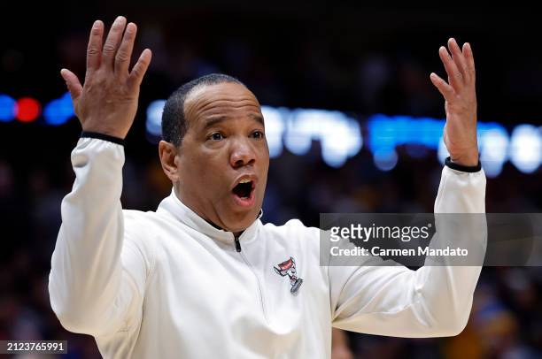 Head coach Kevin Keatts of the North Carolina State Wolfpack reacts during the 2nd half of the Sweet 16 round of the NCAA Men's Basketball Tournament...