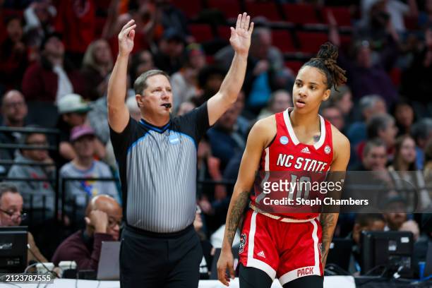 Aziaha James of the NC State Wolfpack reacts after making a three point basket during the second half against the Stanford Cardinal in the Sweet 16...