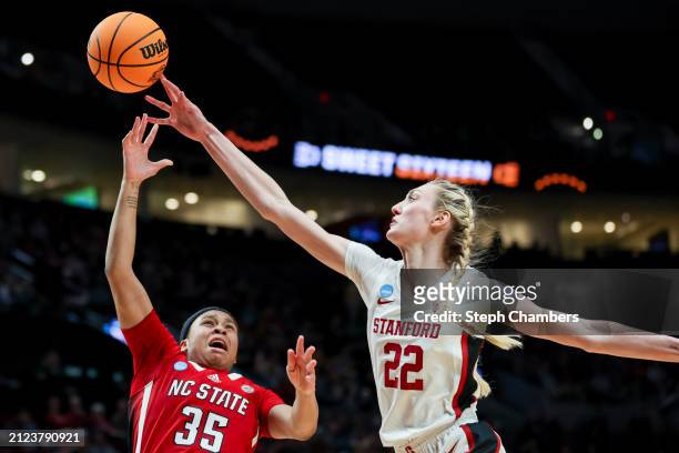 Cameron Brink of the Stanford Cardinal blocks Zoe Brooks of the NC State Wolfpack during the second half in the Sweet 16 round of the NCAA Women's...