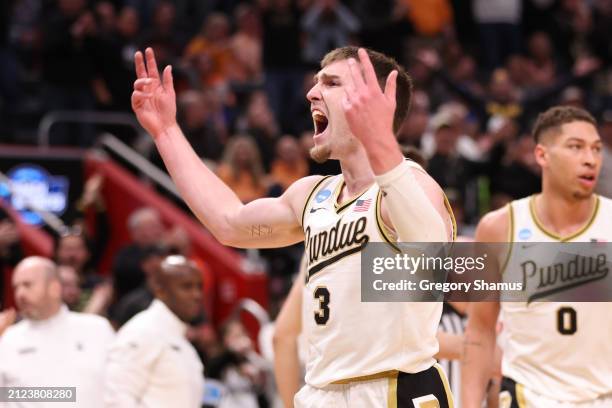 Braden Smith of the Purdue Boilermakers reacts after a basket during the second half against the Gonzaga Bulldogs in the Sweet 16 round of the NCAA...