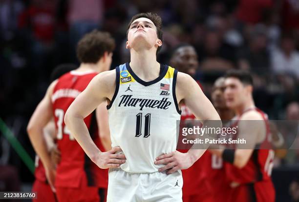 Tyler Kolek of the Marquette Golden Eagles reacts during the final minute of the Sweet 16 round of the NCAA Men's Basketball Tournament game against...