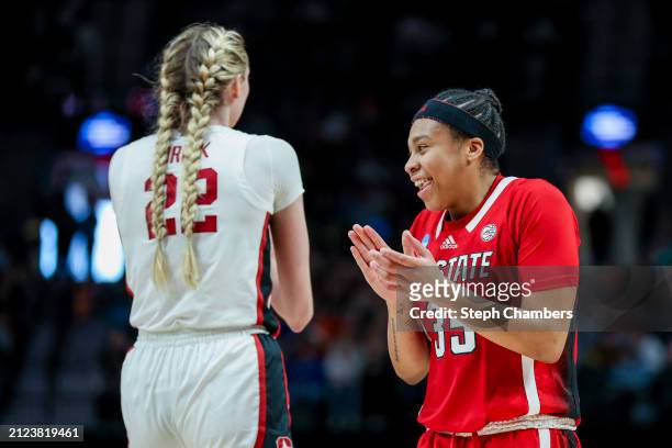 Zoe Brooks of the NC State Wolfpack reacts after Cameron Brink of the Stanford Cardinal fouls out of the game during the second half in the Sweet 16...