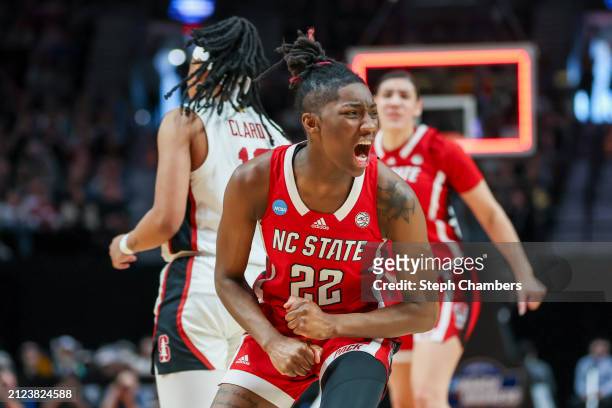 Saniya Rivers of the NC State Wolfpack yells during the second half against the Stanford Cardinal in the Sweet 16 round of the NCAA Women's...