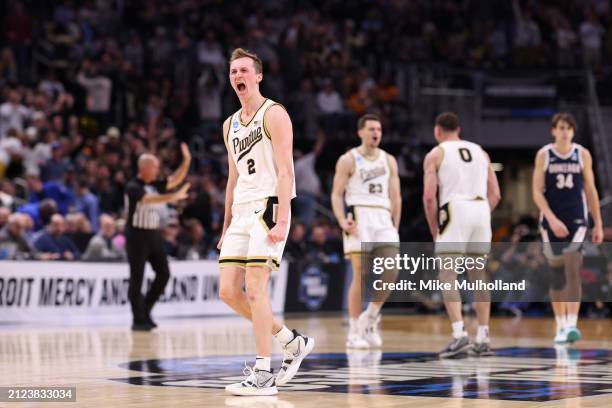 Fletcher Loyer of the Purdue Boilermakers reacts during the second half against the Gonzaga Bulldogs in the Sweet 16 round of the NCAA Men's...