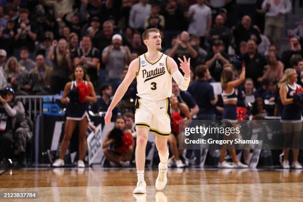 Braden Smith of the Purdue Boilermakers celebrates during the second half against the Gonzaga Bulldogs in the Sweet 16 round of the NCAA Men's...