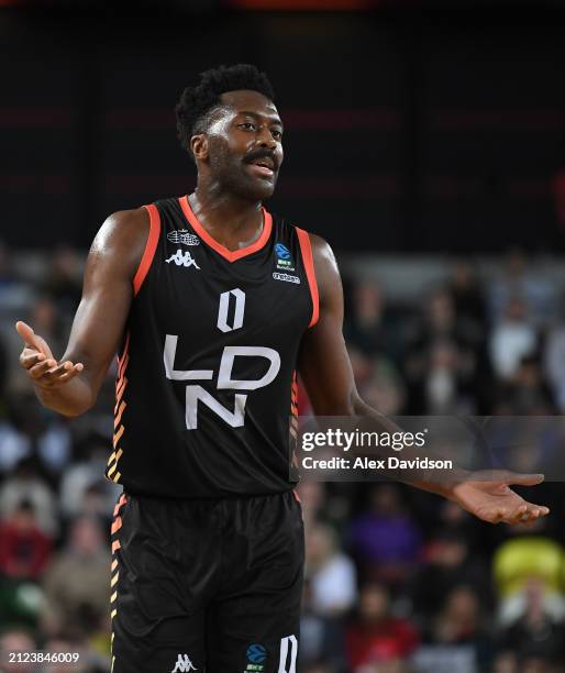 Gabe Olaseni of London Lions looks on during the Euro Cup Semi Final match between London Lions and Paris at Copper Box Arena on March 29, 2024 in...