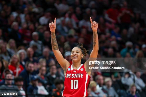 Aziaha James of the NC State Wolfpack reacts late in the second half against the Stanford Cardinal in the Sweet 16 round of the NCAA Women's...