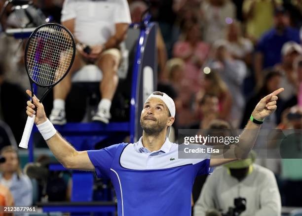 Grigor Dimitrov of Bulgaria celebrates his win over Alexander Zverev of Germany during the Men's semifinal at Hard Rock Stadium on March 29, 2024 in...