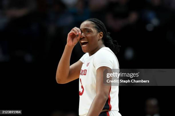 Nunu Agara of the Stanford Cardinal reacts during the second half against the NC State Wolfpack in the Sweet 16 round of the NCAA Women's Basketball...