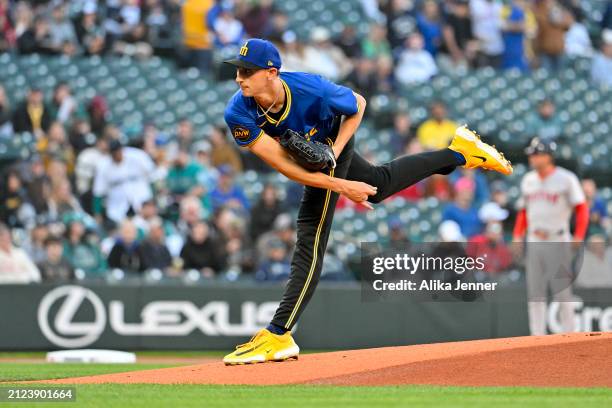 George Kirby of the Seattle Mariners throws a pitch during the first inning against the Boston Red Sox at T-Mobile Park on March 29, 2024 in Seattle,...