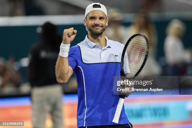 Grigor Dimitrov of Bulgaria reacts after his win against Alexander Zverev of Germany after the Men's semifinal at Hard Rock Stadium on March 29, 2024...