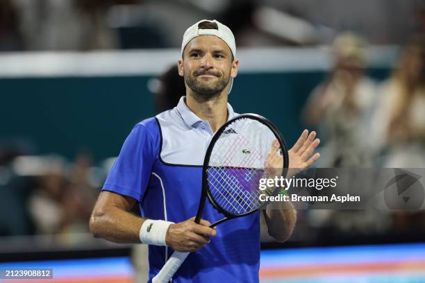 Grigor Dimitrov of Bulgaria reacts after his win against Alexander Zverev of Germany after the Men's semifinal at Hard Rock Stadium on March 29, 2024...