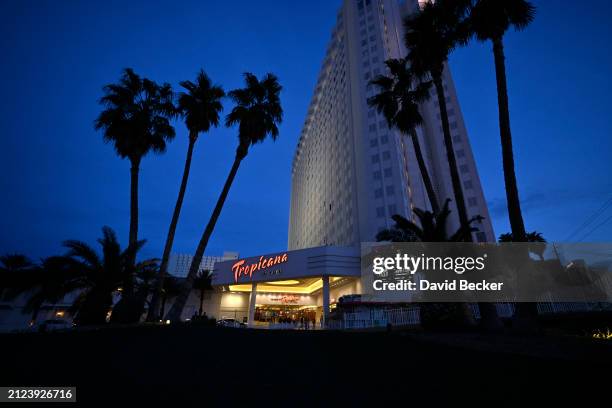 An exterior view shows the Tropicana Las Vegas at dusk on March 29, 2024 in Las Vegas, Nevada. The hotel-casino opened in 1957 and will close on...