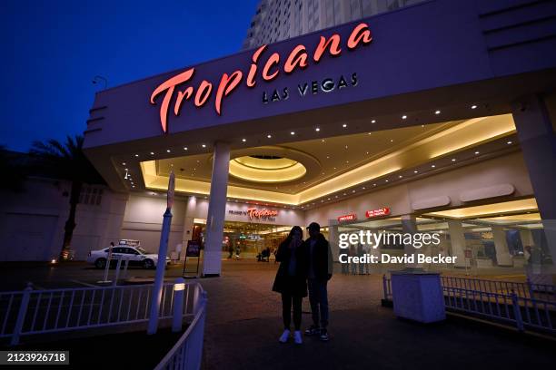 An exterior view shows the Tropicana Las Vegas at dusk on March 29, 2024 in Las Vegas, Nevada. The hotel-casino opened in 1957 and will close on...