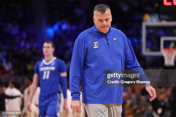 Head coach Greg McDermott of the Creighton Bluejays reacts during the first half against the Tennessee Volunteers in the Sweet 16 round of the NCAA...