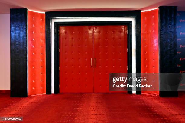 The entrance to the theater with red leather doors is seen inside the Tropicana Las Vegas on March 29 in Las Vegas, Nevada. The hotel-casino opened...