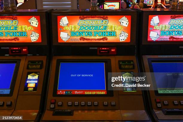 Video poker machine displays an out of service message inside the Tropicana Las Vegas on March 29 in Las Vegas, Nevada. The hotel-casino opened in...