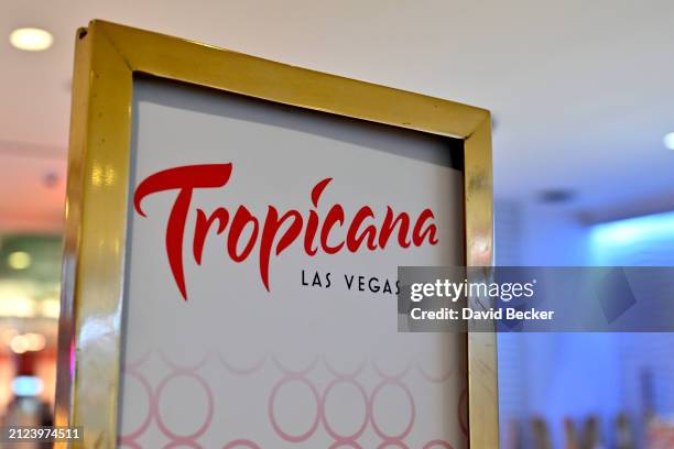 Sign featuring the Tropicana logo is shown at the Tropicana Las Vegas on March 29 in Las Vegas, Nevada. The hotel-casino opened in 1957 and will...