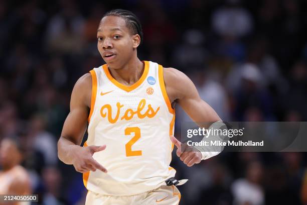 Jordan Gainey of the Tennessee Volunteers reacts during the second half against the Creighton Bluejays in the Sweet 16 round of the NCAA Men's...