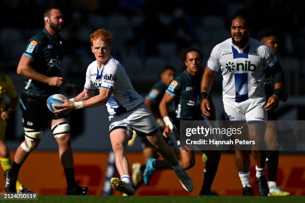 Finlay Christie bp makes a break during the round six Super Rugby Pacific match between Moana Pasifika and Blues at Eden Park, on March 30 in...