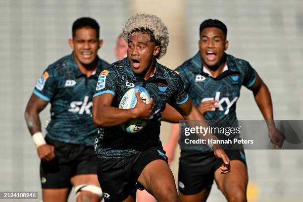 Fine Inisi of Moana makes a break during the round six Super Rugby Pacific match between Moana Pasifika and Blues at Eden Park, on March 30 in...