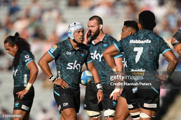 Christian Leali'ifano of Moana looks on during the round six Super Rugby Pacific match between Moana Pasifika and Blues at Eden Park, on March 30 in...