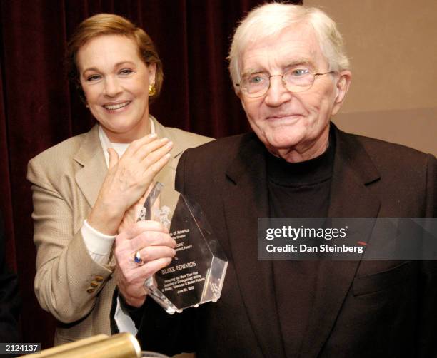 Director Blake Edwards and Julie Andrews with the Marlowe Lifetime Achievement Award presented to Edwards by the Mystery Writers of America at the...