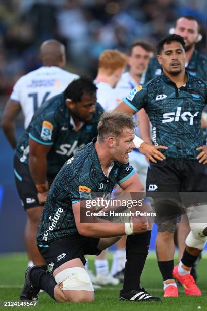 Tom Savage of Moana reacts during the round six Super Rugby Pacific match between Moana Pasifika and Blues at Eden Park, on March 30 in Auckland, New...