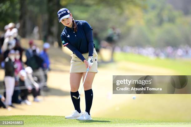 Sakura Koiwai of Japan chips onto the 1st green during the second round of YAMAHA Ladies Open Katsuragi at Katsuragi Golf Club Yamana Course on March...