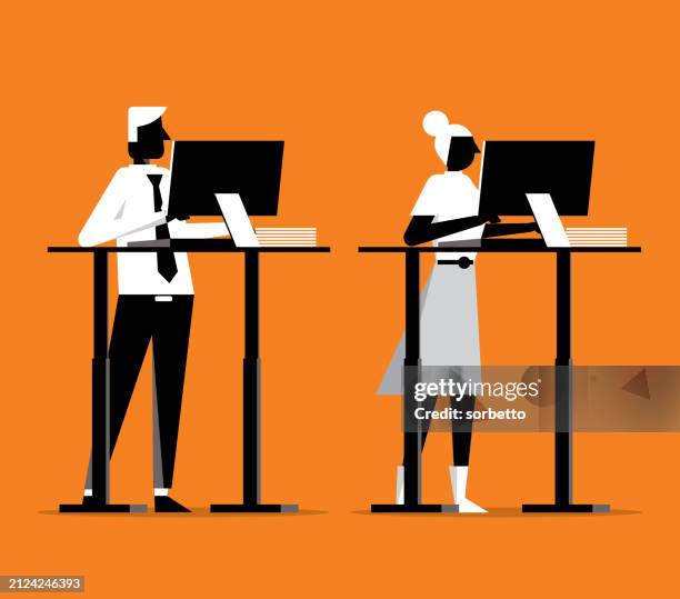 ilustrações de stock, clip art, desenhos animados e ícones de standing office - business woman desk stand
