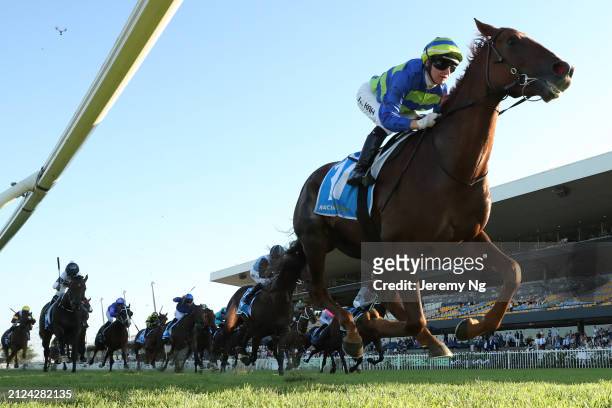 Jamie Kah riding Another Wil wins Race 9 Racing And Sports Doncaster Prelude during "Stakes Day" - Sydney Racing at Rosehill Gardens on March 30,...