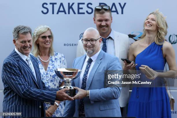 David Redgrove part owner of Kalapour celebrates after winning Race 8 The KIA Tancred Stakes during Sydney Racing at Rosehill Gardens on March 30,...