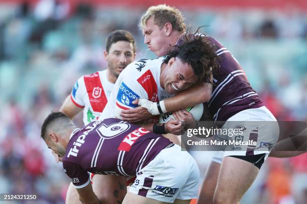 Jaydn Su’A of the Dragons is tackled by Ben Trbojevic of the Sea Eagles during the round four NRL match between St George Illawarra Dragons and Manly...