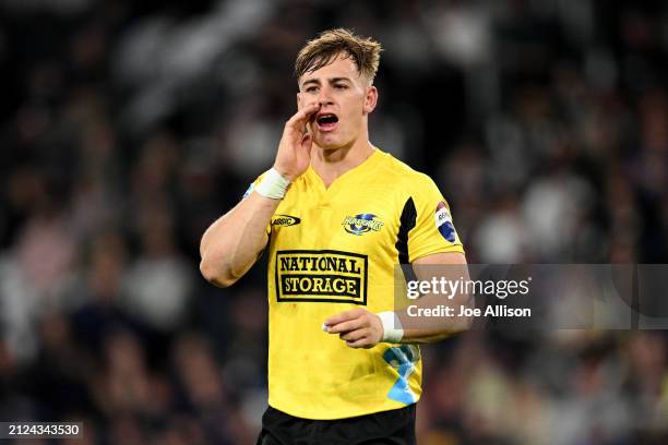 Ruben Love of the Hurricanes looks on during the round six Super Rugby Pacific match between Highlanders and Hurricanes at Forsyth Barr Stadium, on...