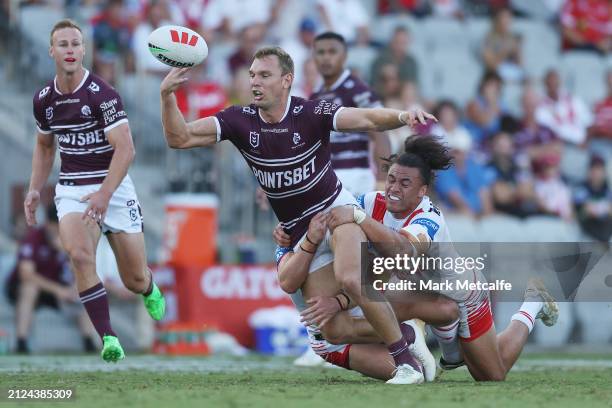 Tom Trbojevic of the Sea Eagles drops the ball during the round four NRL match between St George Illawarra Dragons and Manly Sea Eagles at WIN...