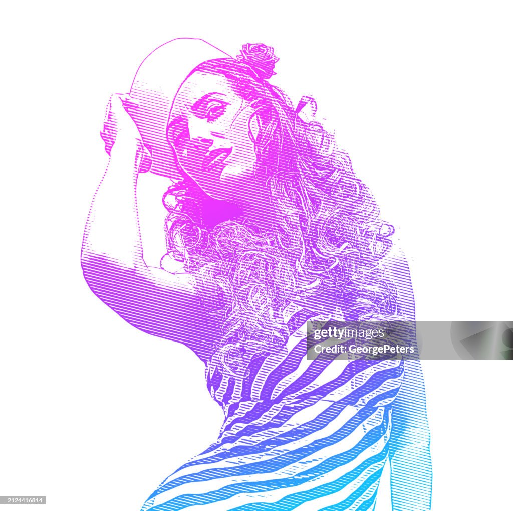 Retro style woman wearing vintage sailor hat and Vintage dress