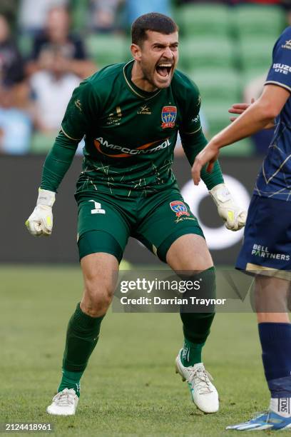 Ryan Scott of Newcastle Jets reacts after making a save during the A-League Men round 22 match between Melbourne City and Newcastle Jets at AAMI...