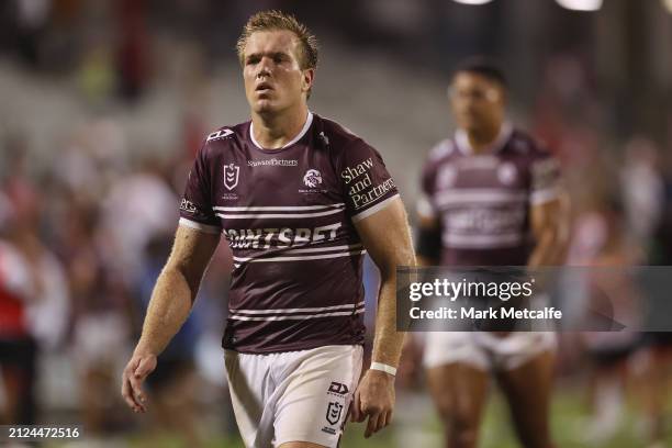 Jake Trbojevic of the Sea Eagles looks dejected after defeat during the round four NRL match between St George Illawarra Dragons and Manly Sea Eagles...