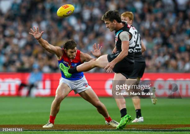 Zak Butters of the Power kicks over Jack Viney of the Demons during the round three AFL match between Port Adelaide Power and Melbourne Demons at...