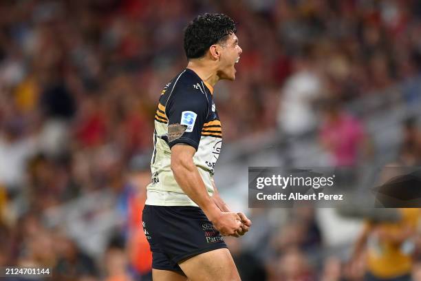 Noah Lolesio of the Brumbies celebrates the victory during the round six Super Rugby Pacific match between Queensland Reds and ACT Brumbies at...