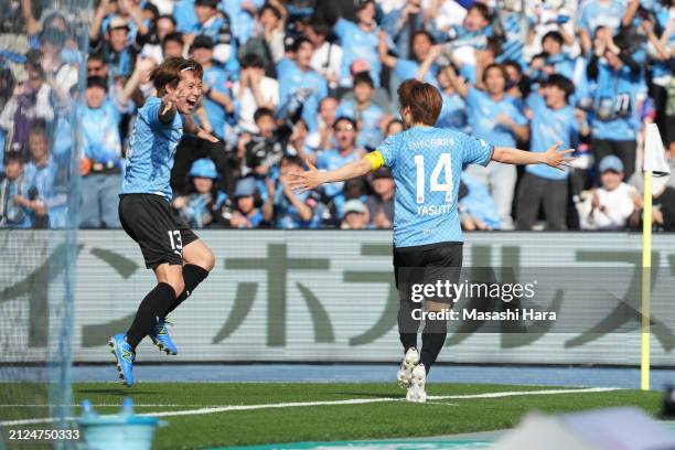 Yasuto Wakizaka of Kawasaki Frontale celebrates the first goal during the J.LEAGUE MEIJI YASUDA J1 5th Sec. Match between Kawasaki Frontale and FC...