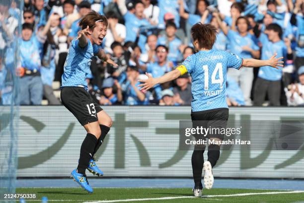 Yasuto Wakizaka of Kawasaki Frontale celebrates the first goal during the J.LEAGUE MEIJI YASUDA J1 5th Sec. Match between Kawasaki Frontale and FC...