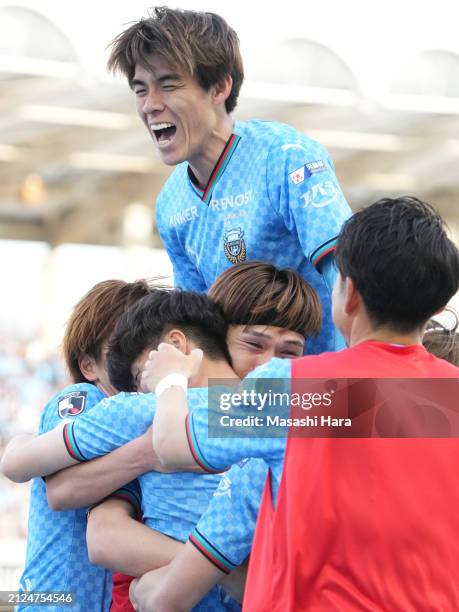 Tatsuki Seko of Kawasaki Frontale celebrates their second goal during the J.LEAGUE MEIJI YASUDA J1 5th Sec. Match between Kawasaki Frontale and FC...