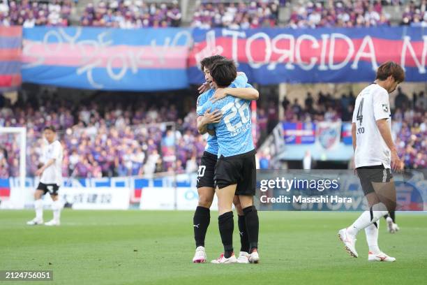 Shin Yamada and Hinata Yamauchi of Kawasaki Frontale celebrate the second goal during the J.LEAGUE MEIJI YASUDA J1 5th Sec. Match between Kawasaki...