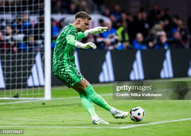Goalkeeper Bart Verbruggen kicks the ball during the friendly match Germany v Netherlands at Deutsche Bank Park on March 26, 2024 in Frankfurt am...