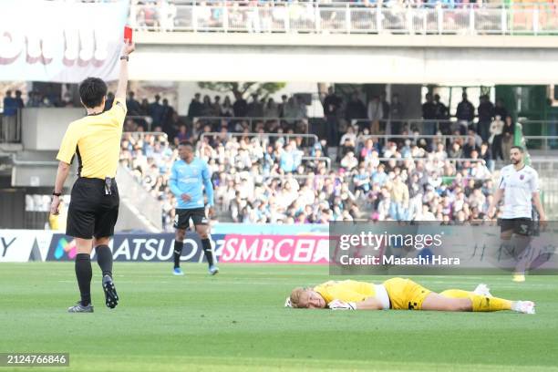 Go Hatano of FC Tokyo gets the red card during the J.LEAGUE MEIJI YASUDA J1 5th Sec. Match between Kawasaki Frontale and FC Tokyo at Uvance Todoroki...