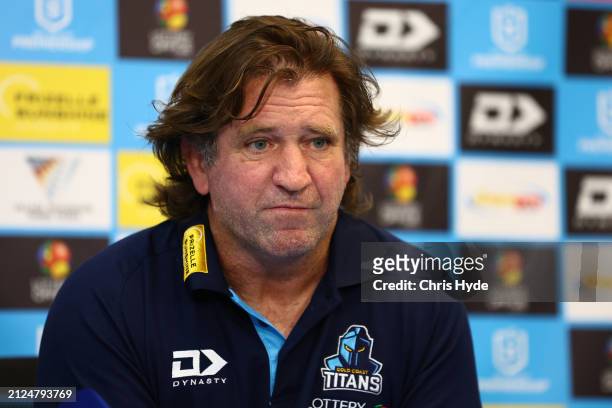 Des Hasler head coach of the Titans speaks to the media during the round four NRL match between Gold Coast Titans and Dolphins at Cbus Super Stadium,...