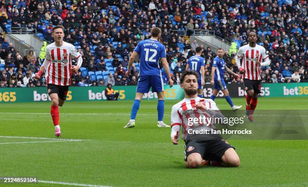Adil Aouchiche of Sunderland celebrates scoring the first goal during the Sky Bet Championship match between Cardiff City and Sunderland at Cardiff...