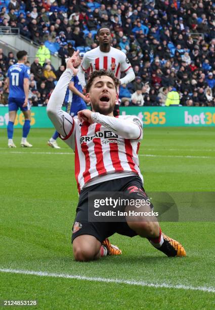 Adil Aouchiche of Sunderland celebrates scoring the first goal during the Sky Bet Championship match between Cardiff City and Sunderland at Cardiff...