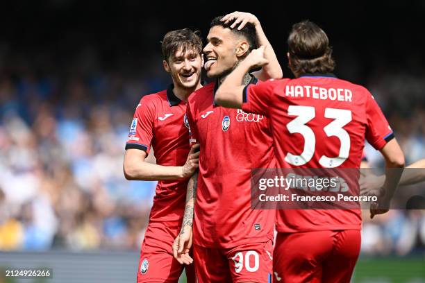 Gianluca Scamacca of Atalanta BC celebrates after scoring his side second goal during the Serie A TIM match between SSC Napoli and Atalanta BC at...